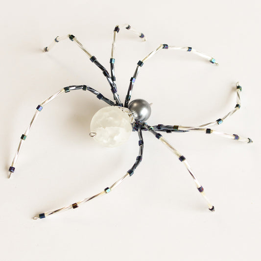 Beaded Spider Christmas Ornament Quartz Stone and Silver Pearl (One of a Kind)