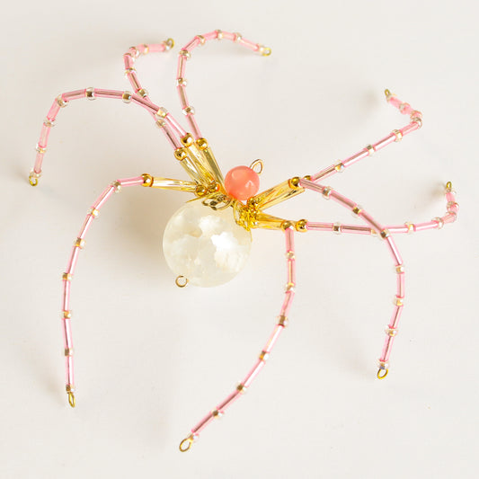 Beaded Spider Christmas Ornament Quartz and Coral (One of a Kind)