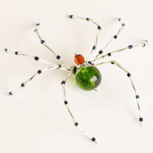Beaded Spider Christmas Ornament Green and Silver (One of a Kind)