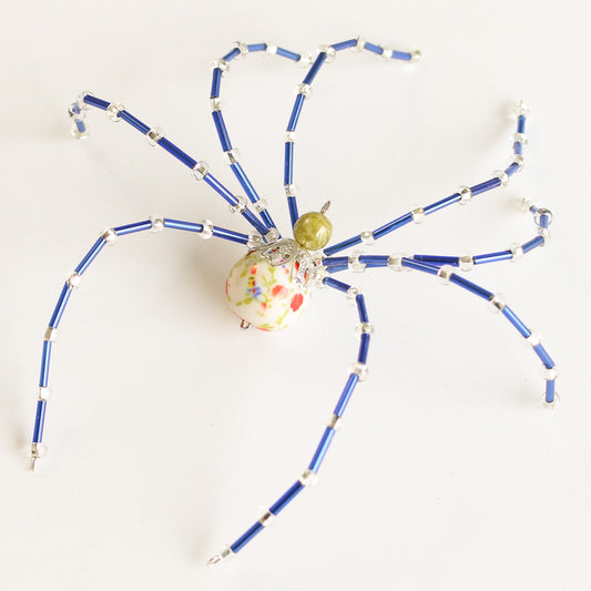 Beaded Spider Christmas Ornament Blue Floral (One of a Kind)