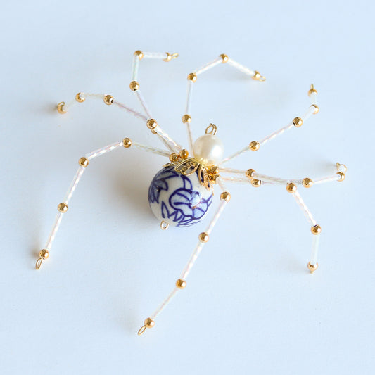 Beaded Spider Christmas Ornament Blue and White Porcelain with Pearl (One of a Kind)