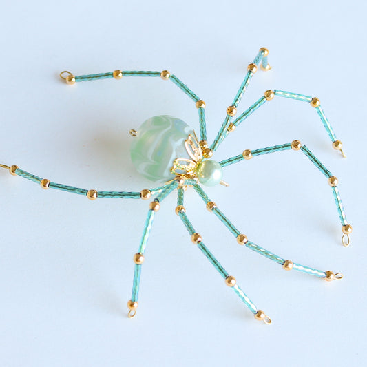 Beaded Spider Christmas Ornament Handcrafted Aqua Glass with Gold (One of a Kind)