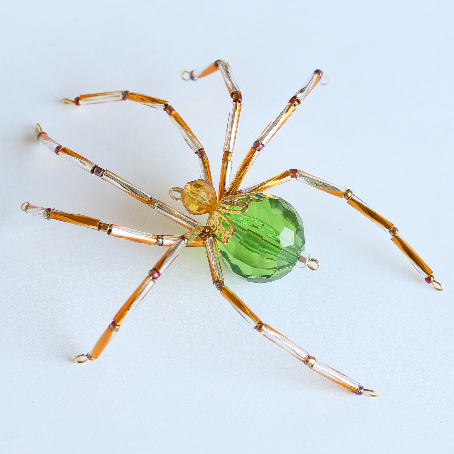 Beaded Spider Christmas Ornament Green and Gold (One of a Kind)