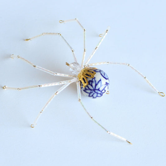 Beaded Spider Christmas Ornament Blue and White Porcelain (One of a Kind)