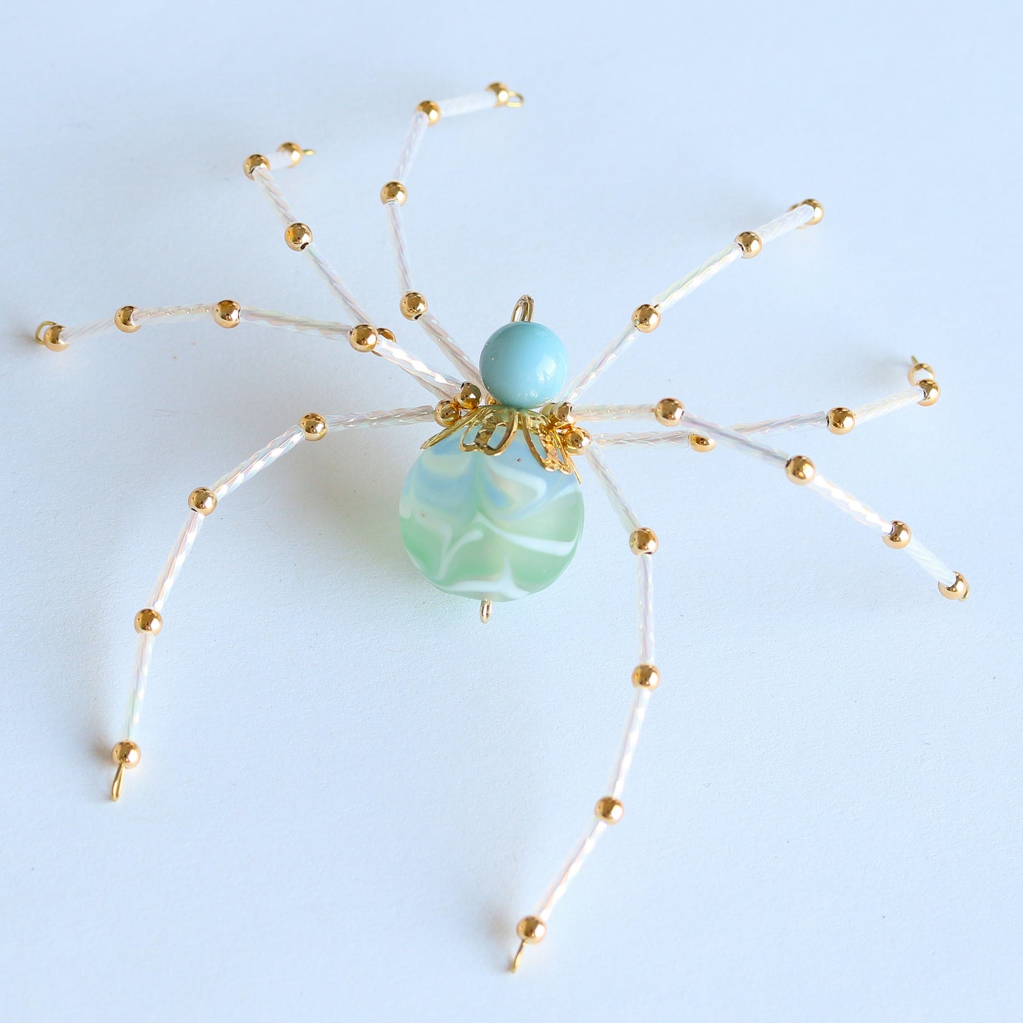 Beaded Spider Christmas Ornament Handcrafted Aqua Glass with White (One of a Kind)