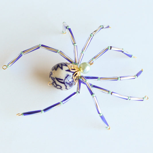 Beaded Spider Christmas Ornament Blue and White Porcelain with Mint (One of a Kind)