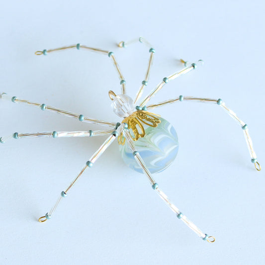 Beaded Spider Christmas Ornament Handcrafted Aqua Glass with Iridescent (One of a Kind)
