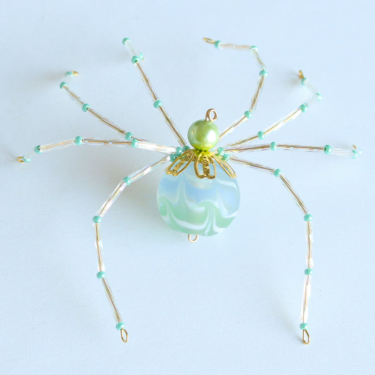 Beaded Spider Christmas Ornament Handcrafted Aqua Glass with Mint (One of a Kind)