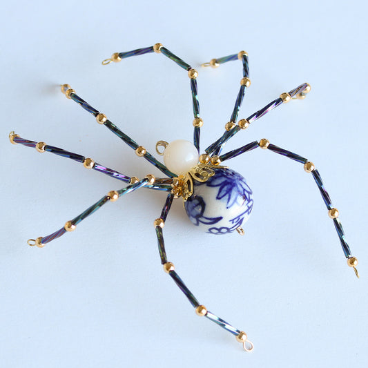 Beaded Spider Christmas Ornament Blue and White Porcelain with Jewel Tones (One of a Kind)
