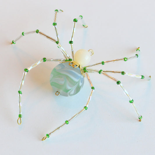 Beaded Spider Christmas Ornament Handcrafted Aqua Glass with Green (One of a Kind)