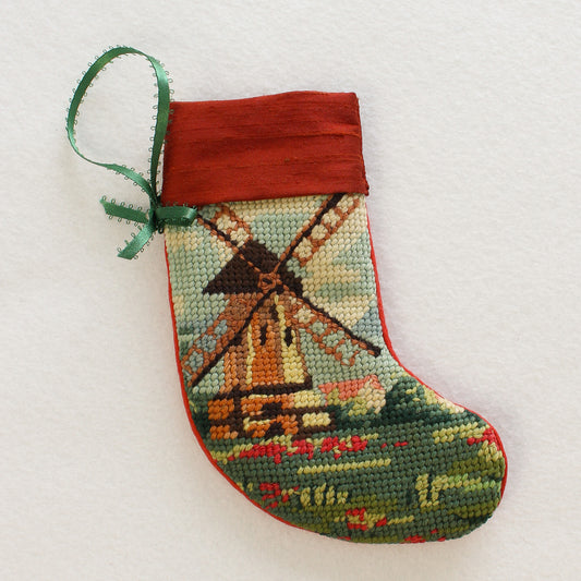 Upcycled Needlepoint Stocking Ornament - Summer Windmill Cottagecore (OOAK)