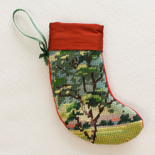 Upcycled Needlepoint Stocking Ornament - Summer Tree Cottagecore (OOAK)