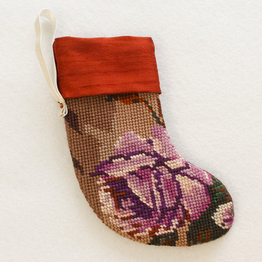 Upcycled Needlepoint Stocking Ornament - Purple Floral (OOAK)