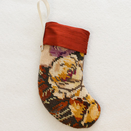 Upcycled Needlepoint Stocking Ornament - Cream Floral (OOAK)