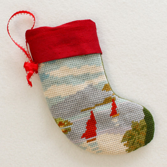 Upcycled Needlepoint Stocking Ornament - Coastal Sailboat (OOAK)