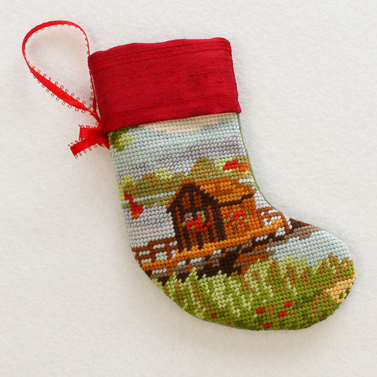 Upcycled Needlepoint Ornament - Coastal Cabin (OOAK)