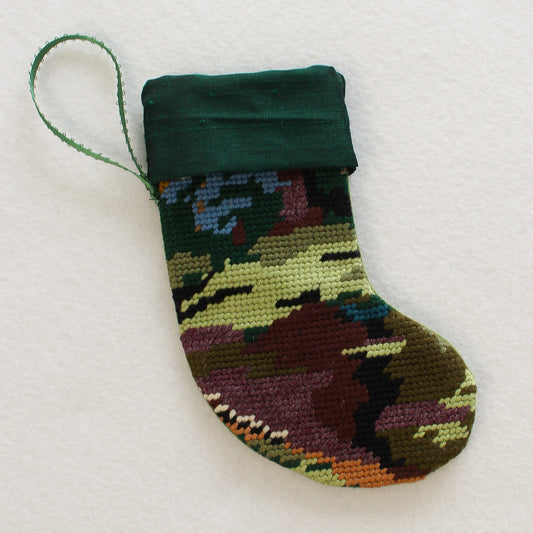 Upcycled Needlepoint Stocking Ornament - Green Landscape (OOAK)