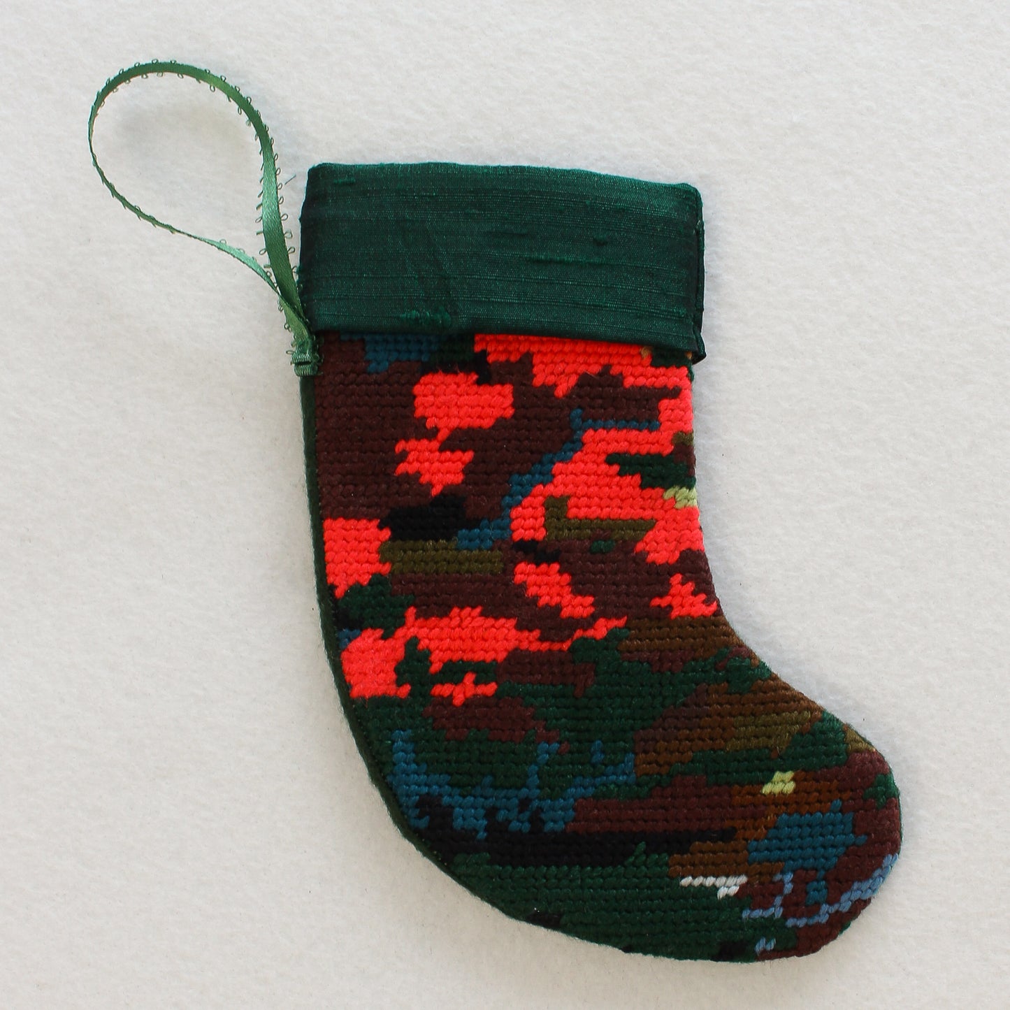 Upcycled Needlepoint Stocking Ornament - Red Green Abstract (OOAK)