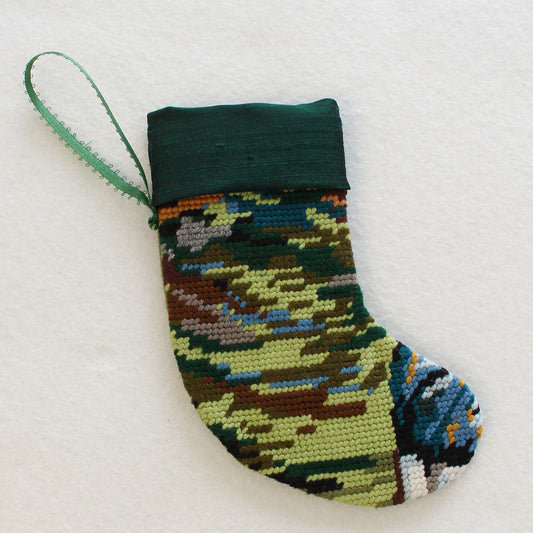 Upcycled Needlepoint Stocking Ornament - Green Landscape II (OOAK)