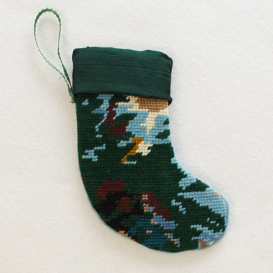 Upcycled Needlepoint Stocking Ornament - Green Landscape III (OOAK)