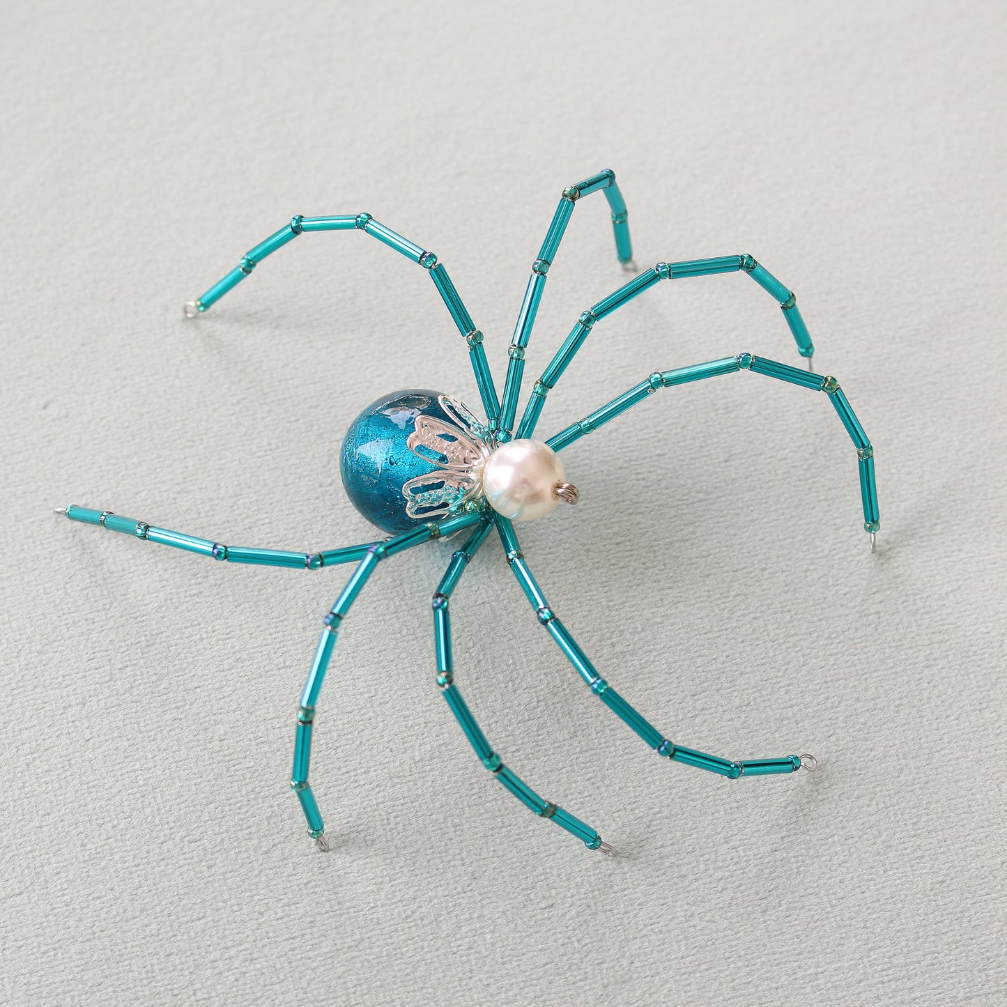 Beaded Christmas Spider Ornament - Teal + White