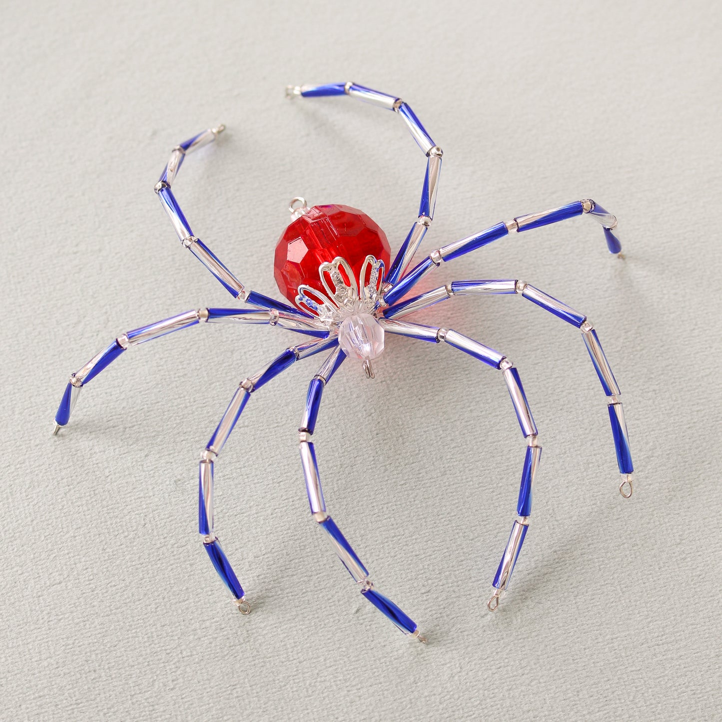 Beaded Christmas Spider Ornament - Red + Blue + Silver