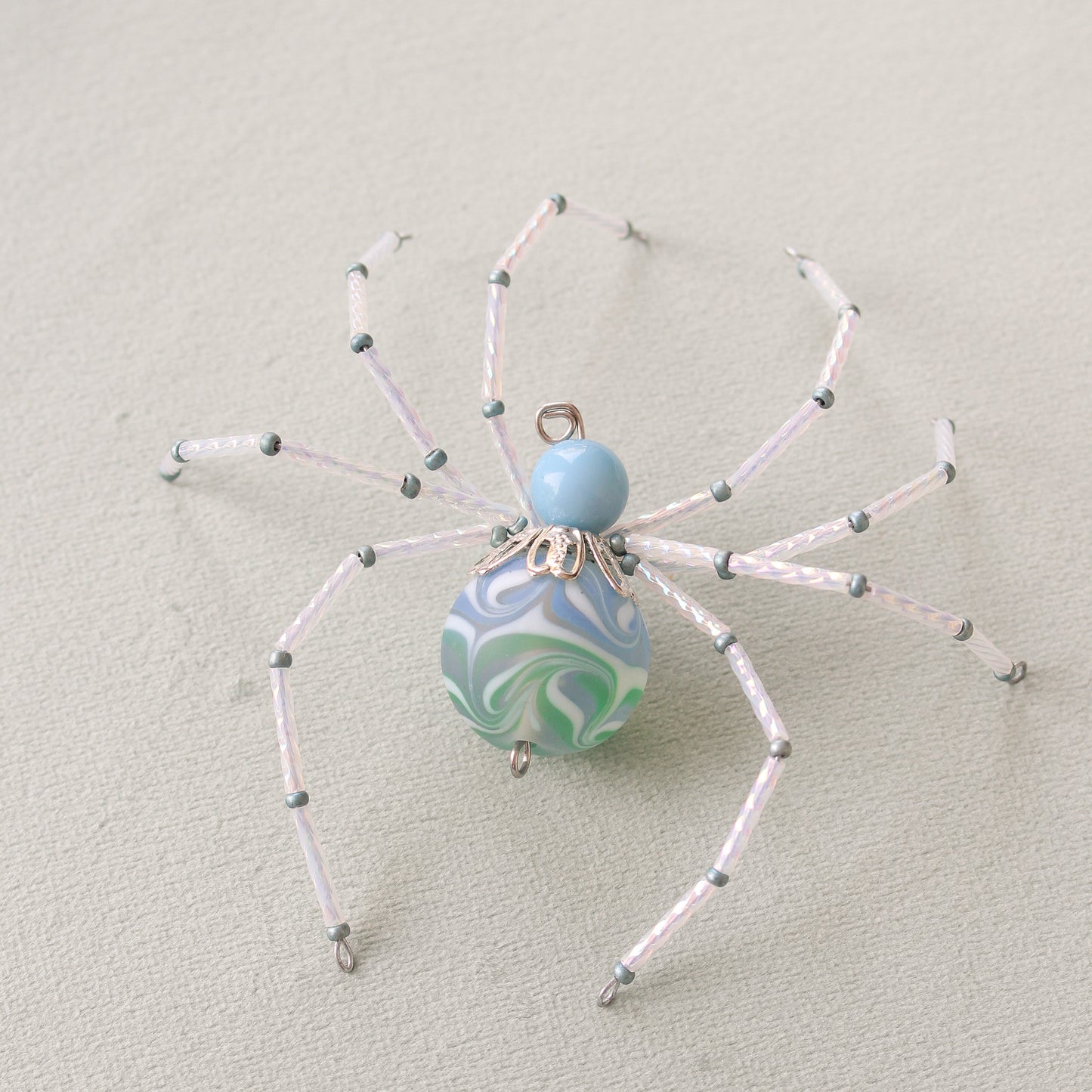 Beaded Christmas Spider Ornament - Blue + Green