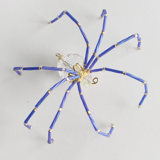 Beaded Spider Christmas Ornament Matte Blue and Clear (One of a Kind)