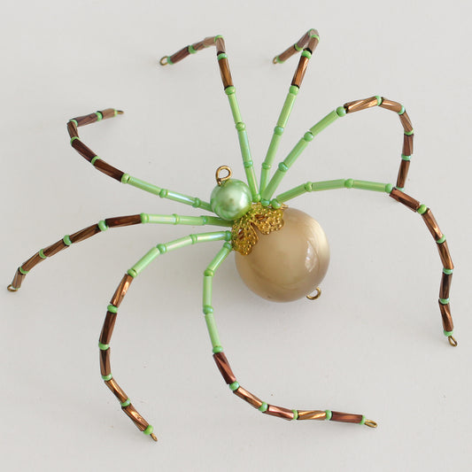 Beaded Spider Christmas Ornament Taupe and Green (One of a Kind)