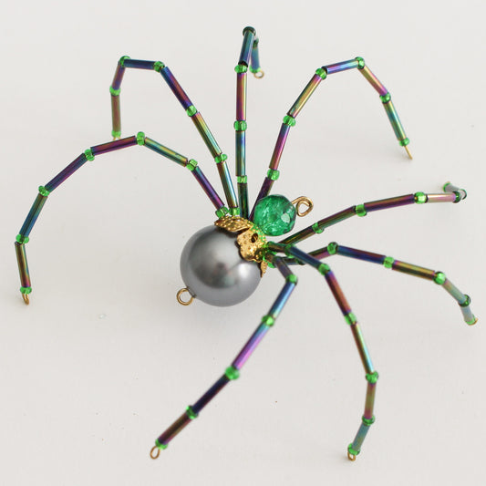 Beaded Spider Christmas Ornament Grey and Green (One of a Kind)