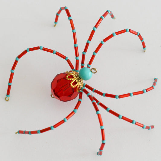 Beaded Spider Christmas Ornament Red and Turquoise (One of a Kind)