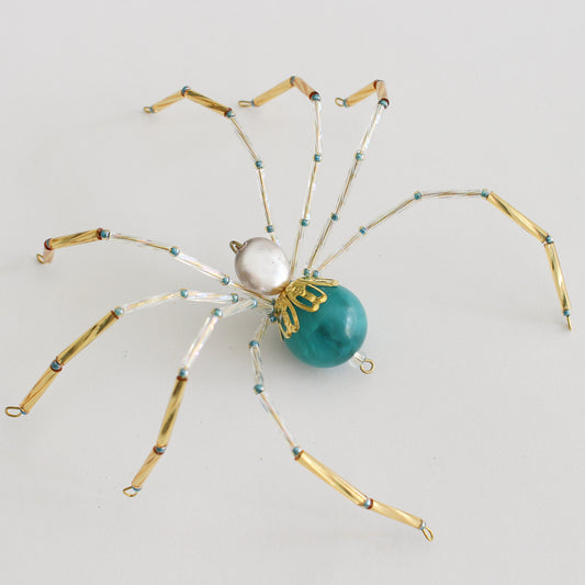 Beaded Spider Christmas Ornament Teal and Pearl (One of a Kind)