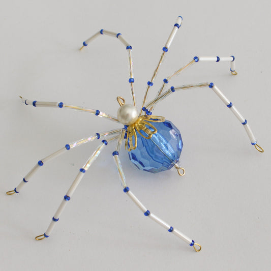 Beaded Spider Christmas Ornament White and Blue (One of a Kind)